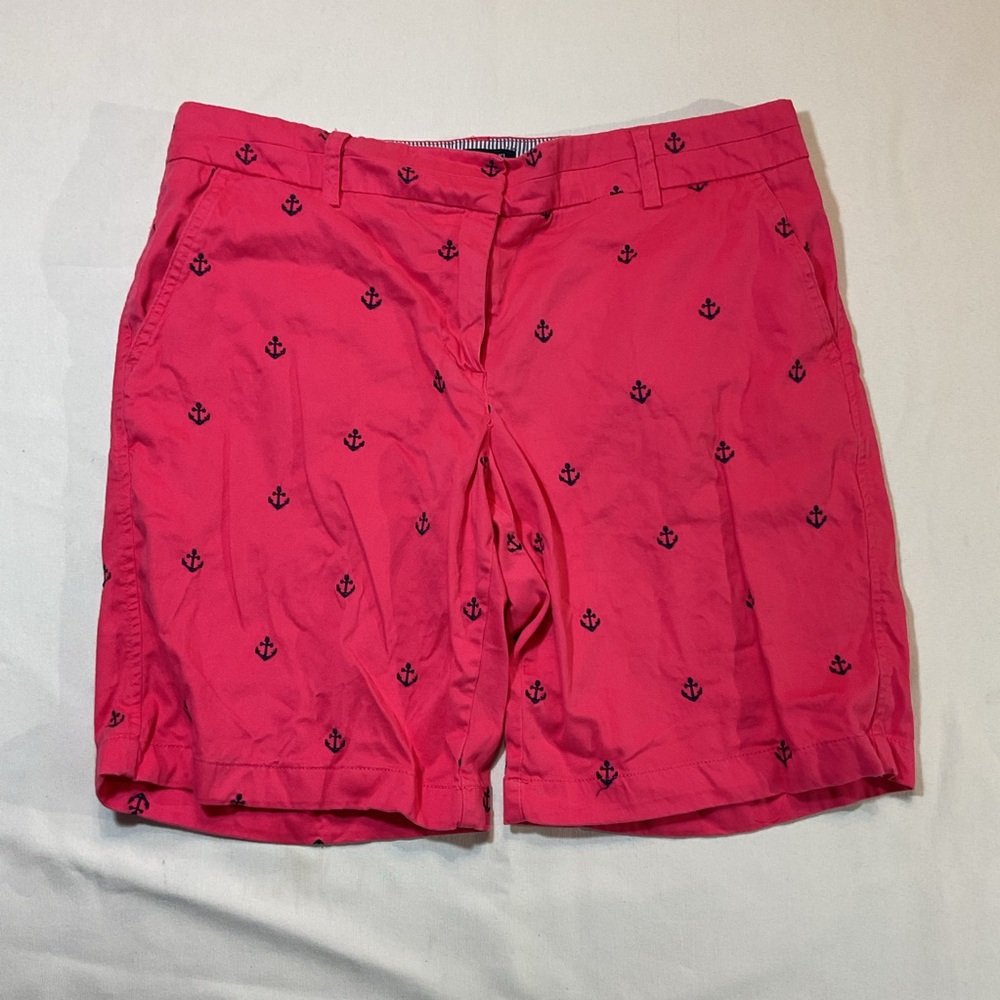British Khaki Womens Shorts Pink Navy Anchors Size 10 Embrooidered Shells Chino